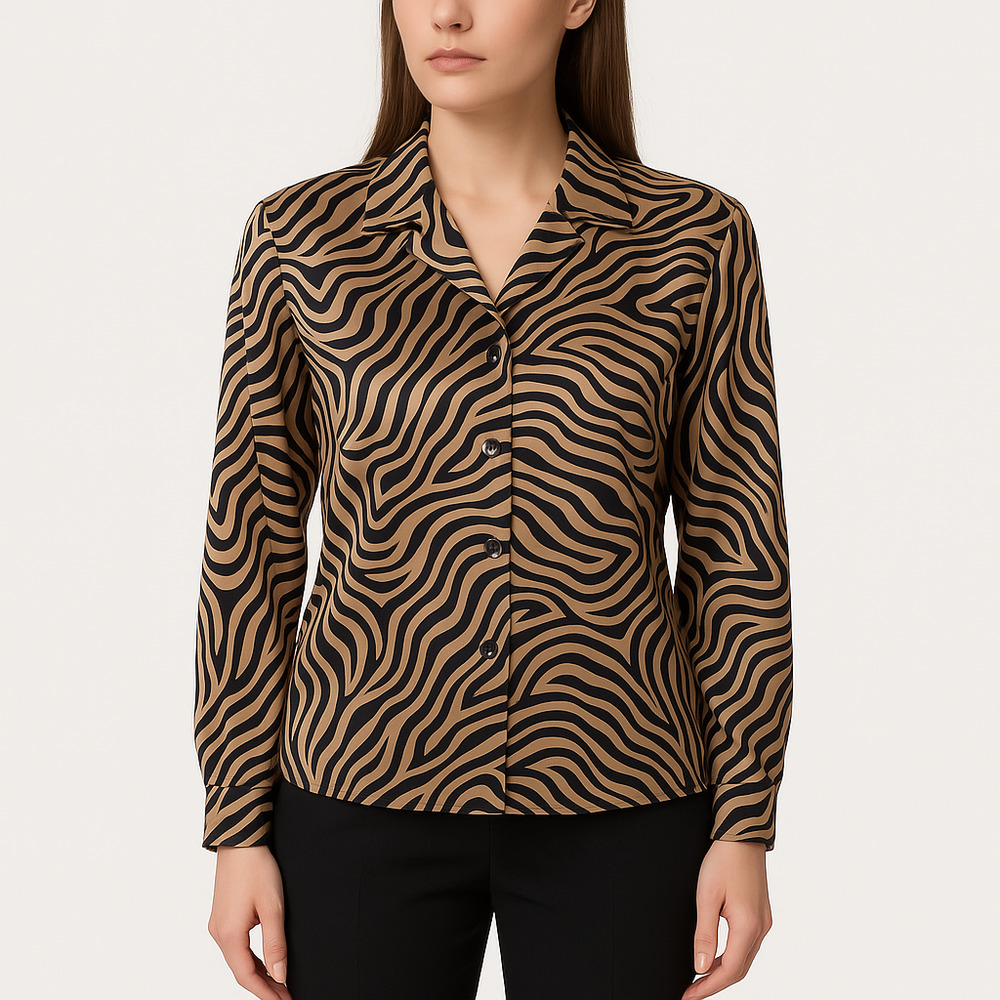 Joan Leslie Women's Blouse 10 Zebra Print Satin Button Up Workwear Vintage Style